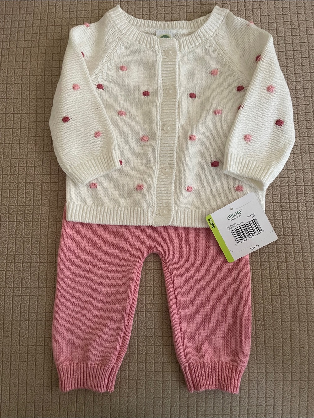 Little Me White Cardigan with Pink Polka Dots & Pink Knit Pants 3 Mo. NWT!